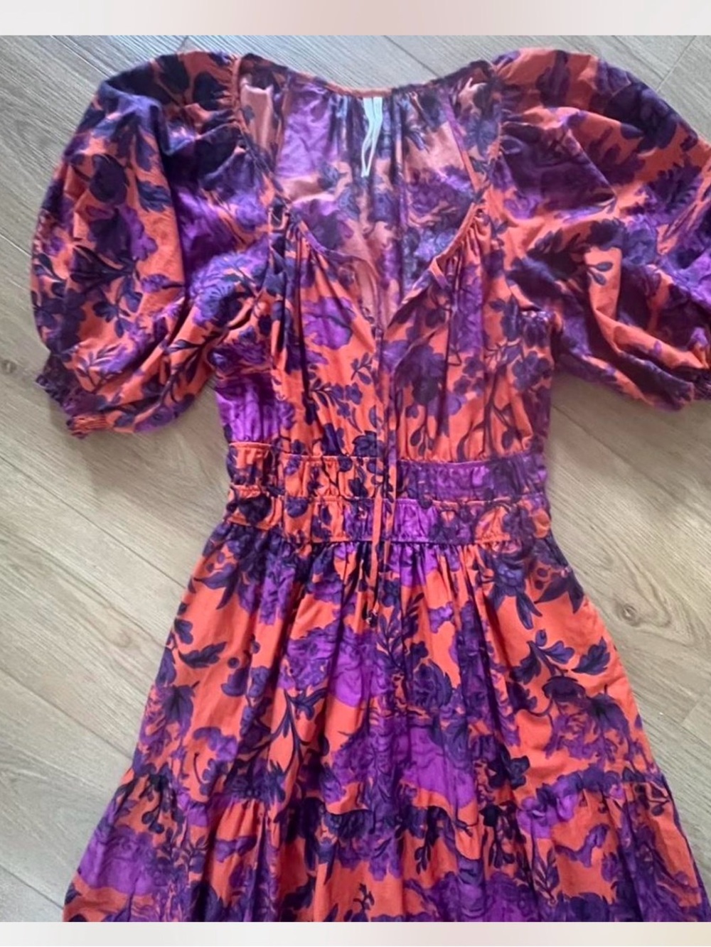 Anthropologie Maeve Floral Puff Sleeve Midi Dress Orange Purple Size Small - Picture 7 of 8
